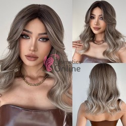 Peruca HM din par sintetic usor ondulata de 45 cm LC2501 Ombre Saten Inchis cu Blond Mediu Mixt